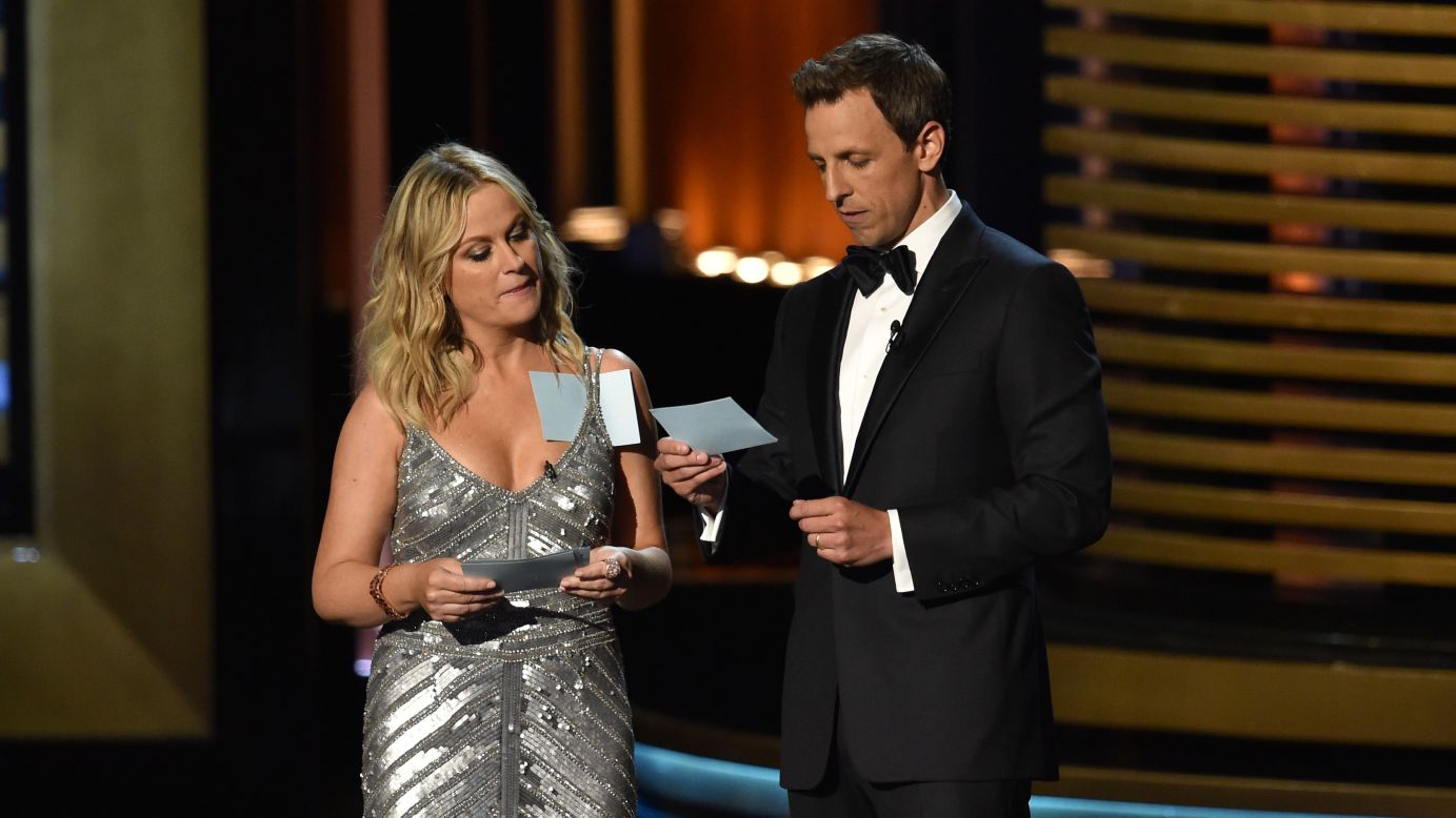 The only thing better than having Amy Poehler present an award? Having her initially introduced to the audience as Meyers' "friend Beyonce." Later, Poehler helped Meyer introduce Matthew McConaughey and Woody Harrelson as "two men who also have no idea what happened at the end of 'True Detective.'" 