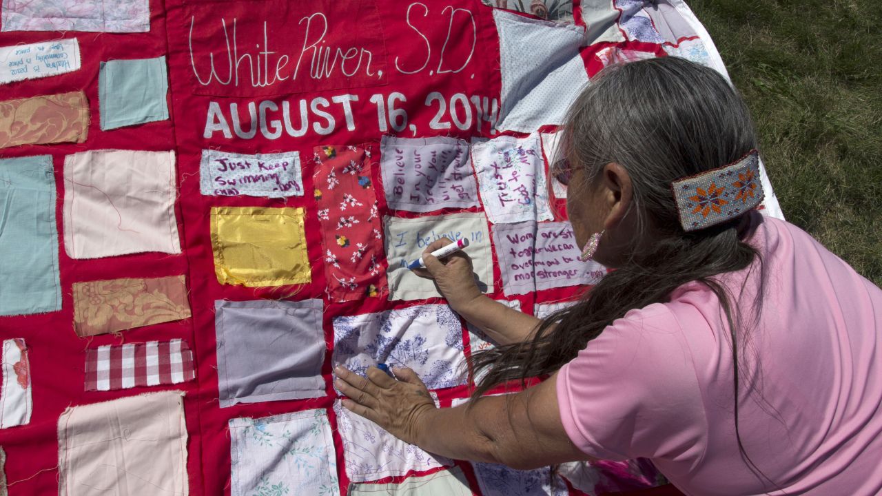 The Monument Quilt was displayed in White River, South Dakota, on Saturday, August 16, in partnership with the White Buffalo Calf Woman Society, Tokala Inajinyo Suicide Prevention Mentoring Program and the Defending Childhood Initiative.
