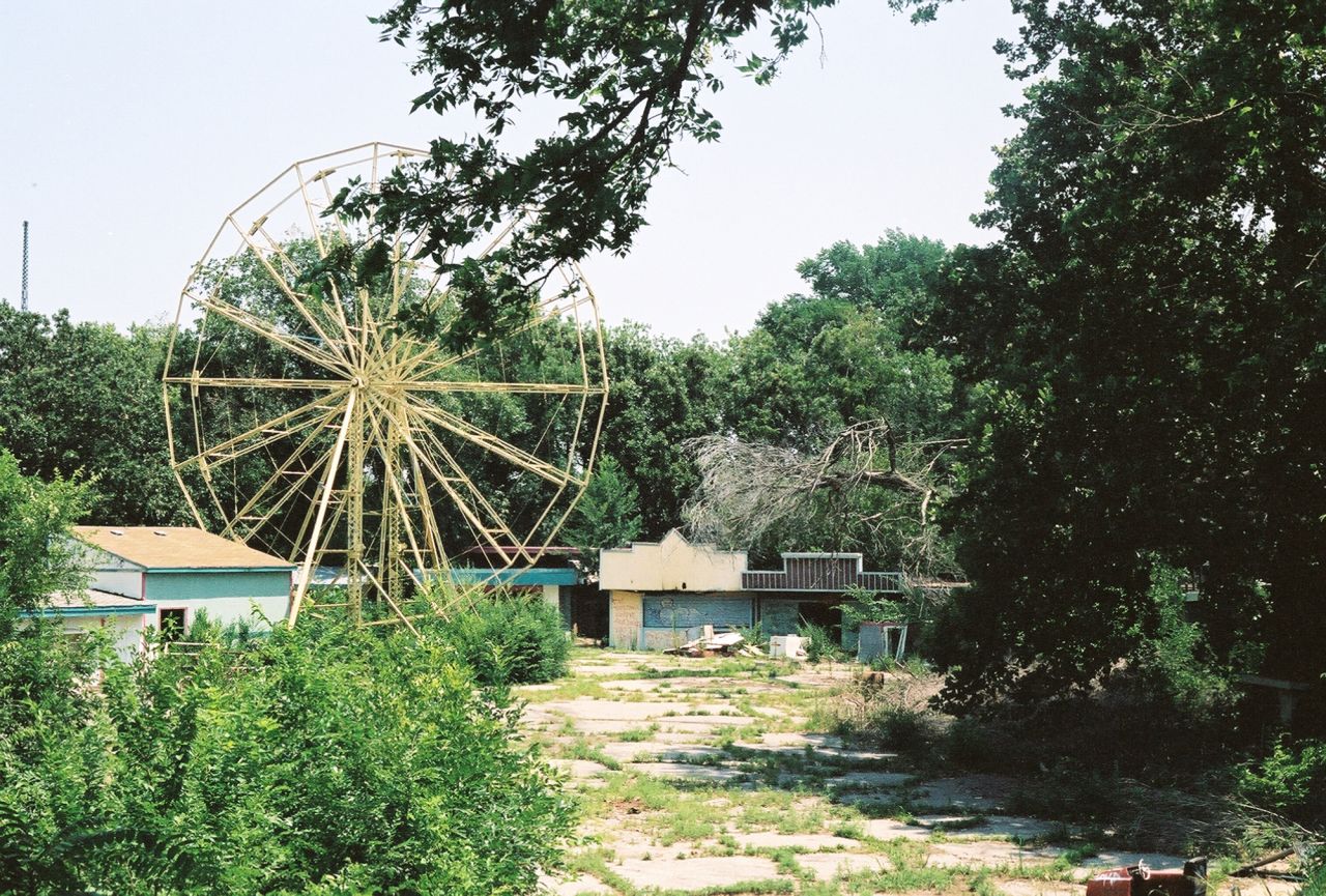 What remains of Joyland are mostly broken rides that are now overgrown with plants.
