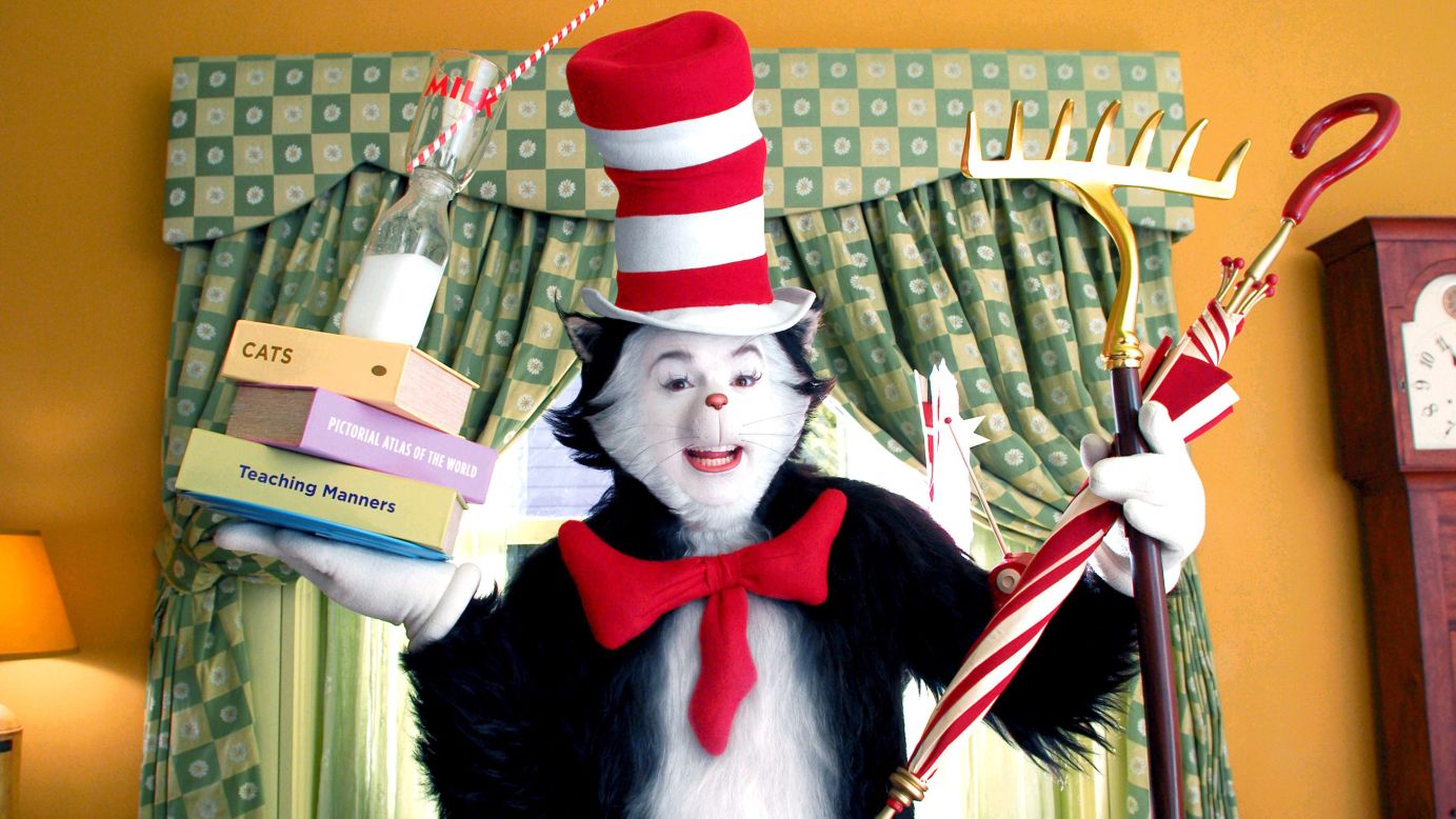 Dr. Seuss' "The Cat in the Hat" character is recognizable for his red and white striped top hat and red bow tie. Here, the cat is portrayed by actor Mike Myers in 2003's "The Cat in the Hat."