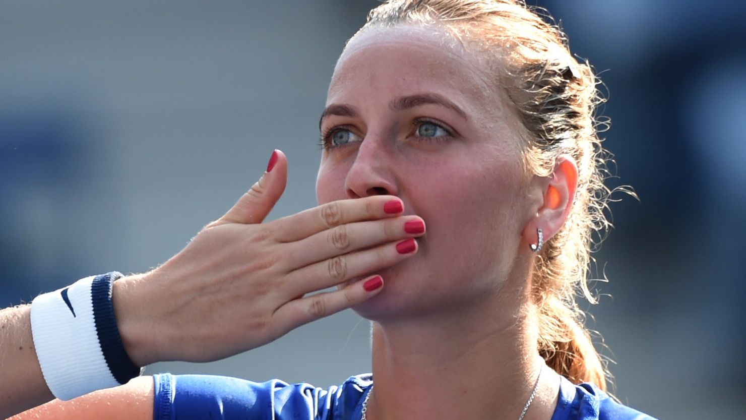 Petra Kvitova blows a kiss to the crowd after a convincing first round victory at Flushing Meadows.