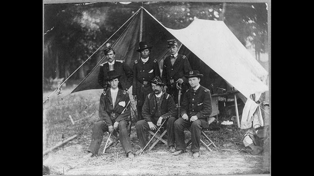Lt. Alonzo Cushing (center, back row) with others at Antietam, Maryland, in 1862. He died at Gettysburg in July 1863. 