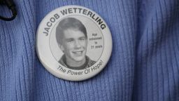 Patty Wetterling wears a button that features a photo of what her son Jacob might look like as an adult. Jacob was abducted at age 11 nearly 20 years ago. Photo taken August 31, 2009.Patty Wetterling wears a button that features a photo of what her son Jacob might look like as an adult. Jacob was abducted at age 11 nearly 20 years ago. Photo taken August 31, 2009.