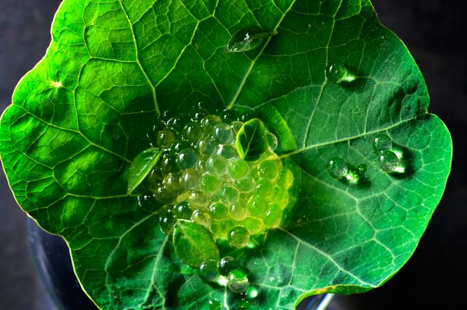 Takazawa's take on caviar, his "Raindrops" are actually tiny beads of tomato water. The dish is presented by delicately allowing each drop to shower down a lotus leaf onto a delicately cooked hamo fish.<br /><br /><strong>Takazawa's take:</strong> "I always want to express seasons on my plate. This plate expresses the rainy season, written as 'plum rain' in Japanese characters, so that's why I use plum in the soup. Hamo fish is also the fish of the season."