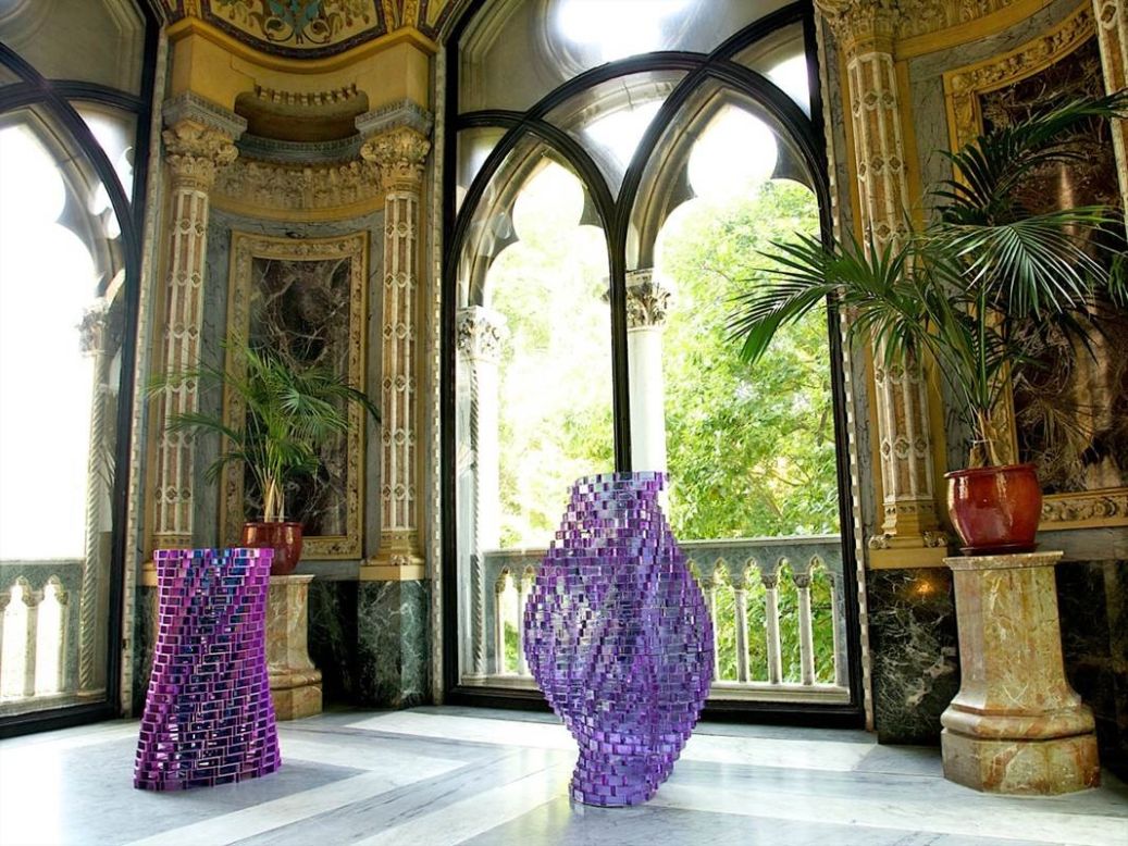Genius Loci is an exhibition showcasing 19 artists known for their far-reaching influence and contemporary relevance.  A selection of glass sculptures by Shirazeh Houshiary, made from allessandrite glass and polished stainless steel, are exhibited across the interior of the Palazzo Franchetti. 