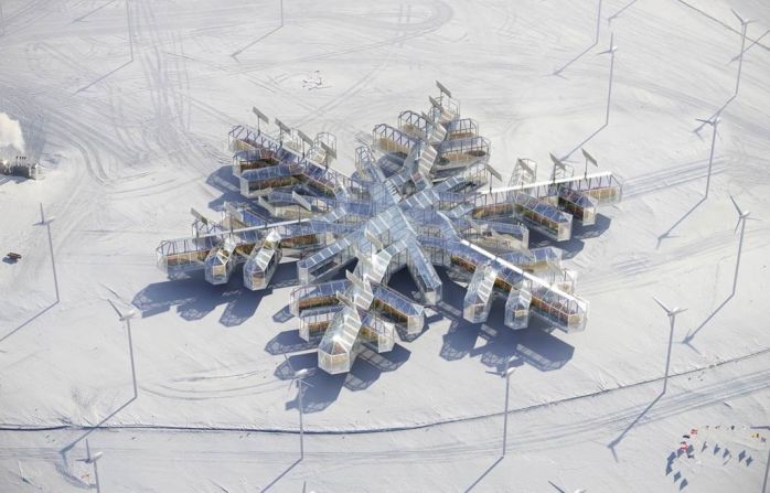 Antarctica is the first continent ever to be represented at the Biennale, artists and architects explore the future of the continent. A snowflake-shaped greenhouse is pictured in Antarctica. 