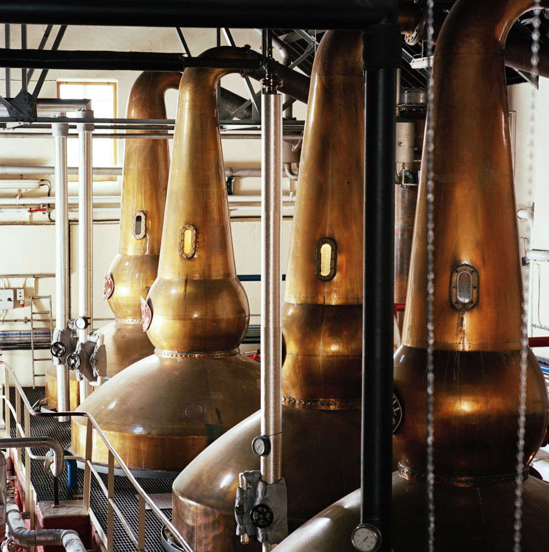 The copper Balvernie whisky stills in Speyside, Scotland