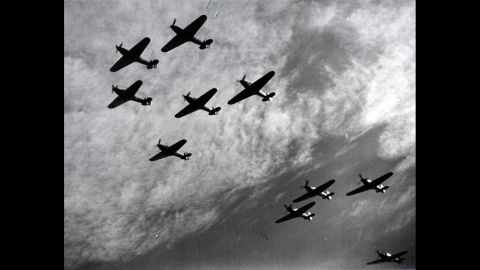British Hawker Hurricanes fly in formation during the Battle of Britain in 1940. The planes were a first line of defense against German bombers attacking England. The battle, fought between July 10 and October 31, 1940, was the first major battle to be won in the air. The Royal Air Force's victory thwarted Hitler's plans for invading Britain.