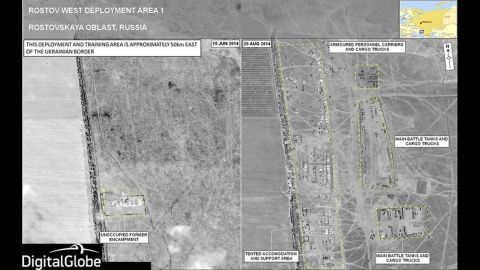 These two images show a military deployment site on the Russian side of the border near Rostov-on-Don, NATO said. This location is about 31 miles from the Dovzhansky border checkpoint.