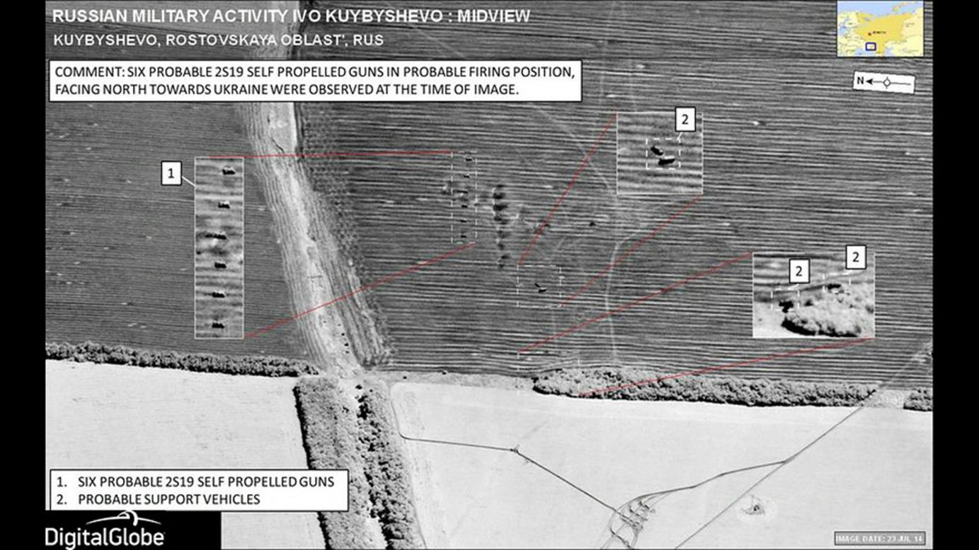 This image, captured on July 23, depicts what are NATO says are probably six Russian 2S19 self-propelled, 153mm guns near Kuybyshevo, Russia. This site is 4 miles south of the Ukraine border, near the village of Chervonyi Zhovten. Although the guns are not in Ukraine, NATO said, they are pointed north, toward Ukrainian territory. 