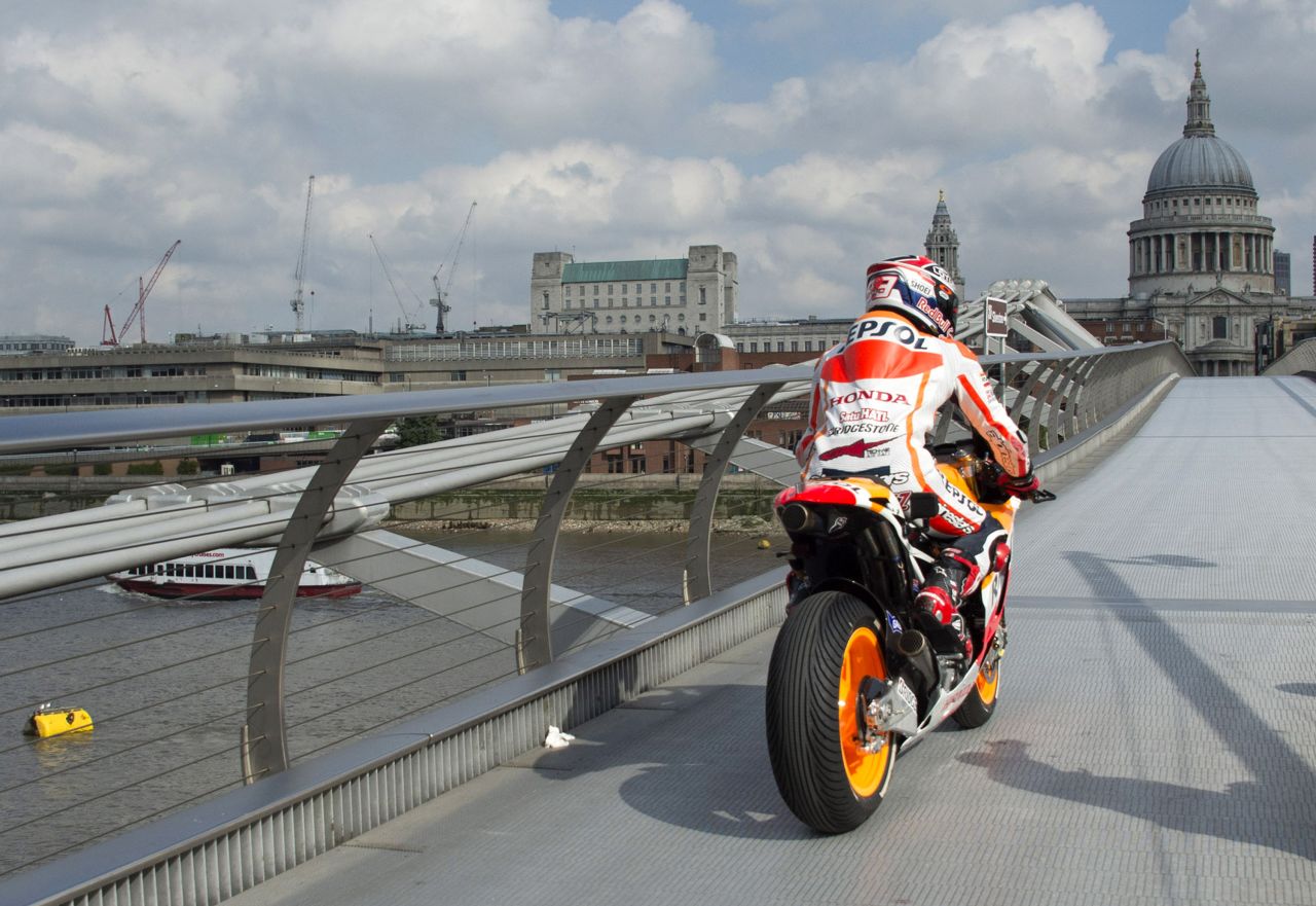 Ahead of the British Grand Prix, Marquez became the first person to cross the footbridge on a motorbike to help promote the race.