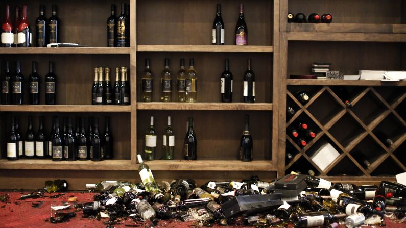 Broken bottles lie on the ground at the Cult Following Wine Bar in Napa, California, after a <a href="http://www.cnn.com/2014/08/24/us/gallery/ca-earthquake/index.html">magnitude-6.0 earthquake</a> on Sunday, August 24. It was the strongest quake to hit the San Francisco Bay Area in 25 years.