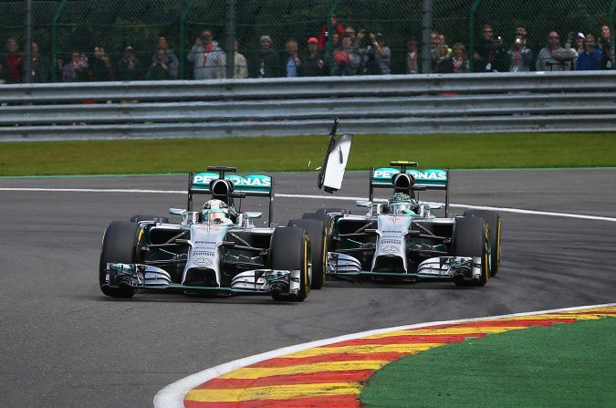 Round 12: Sparks fly at Spa as Rosberg and Hamilton collide during the Belgian Grand Prix. The incident, which forced Hamilton to retire, is a major flashpoint in an increasingly strained season for the former teenage friends. Rosberg finished the race in second. 