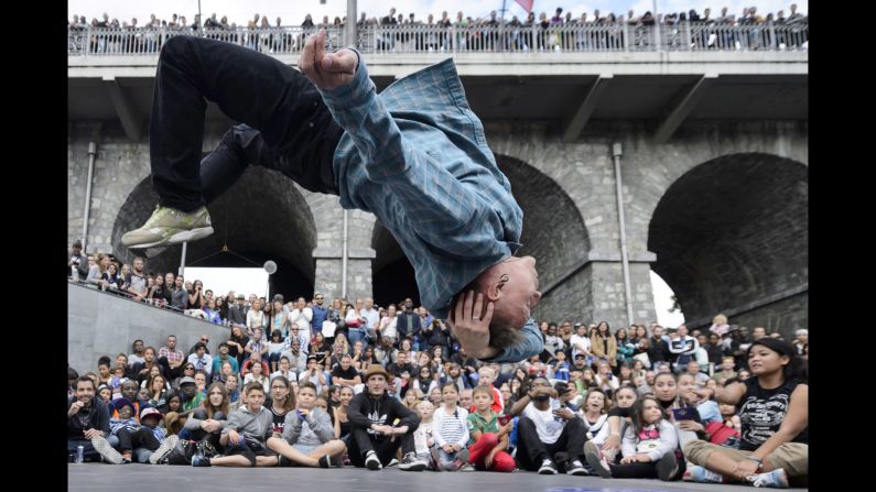 A street dancer performs during the Red Bull Beat It competition in Lausanne, Switzerland, on Saturday, August 23.