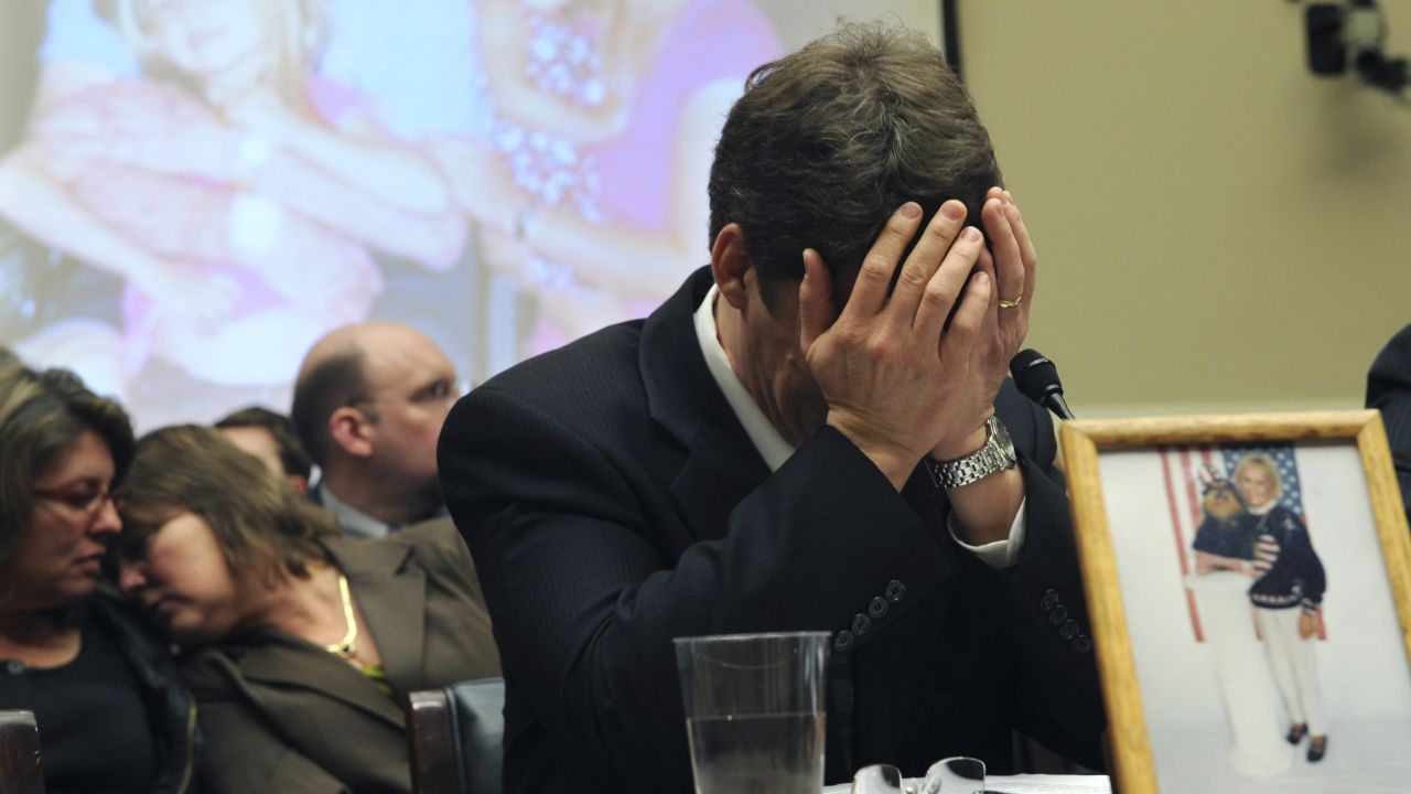 Jeff Almer breaks down after testifying before Congress about his mother Shirley, who died in late 2008 after eating salmonella-laced peanut butter with her toast. Almer became an advocate for stronger food safety regulations. 