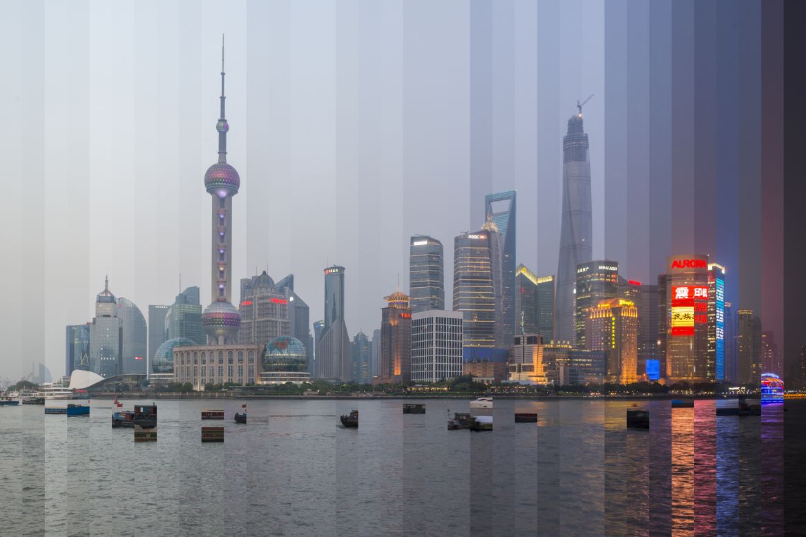 <em>The Bund, Shanghai</em><br /><br />For full effect, the images need to demonstrate a clear color progression. Silver makes sure that he has around 10 photos that show a drastic change in sky color and then he selects 32 shots to meld together at the end of the day.  