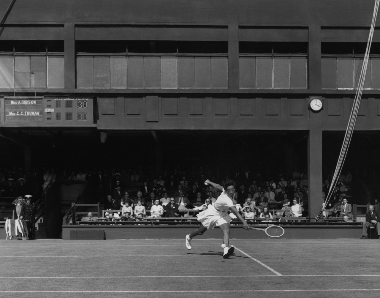 Gibson's successes helped her become the world's top-ranked women's player. In this picture, she plays at the Wightman Cup staged at the All England Tennis Club in 1958.