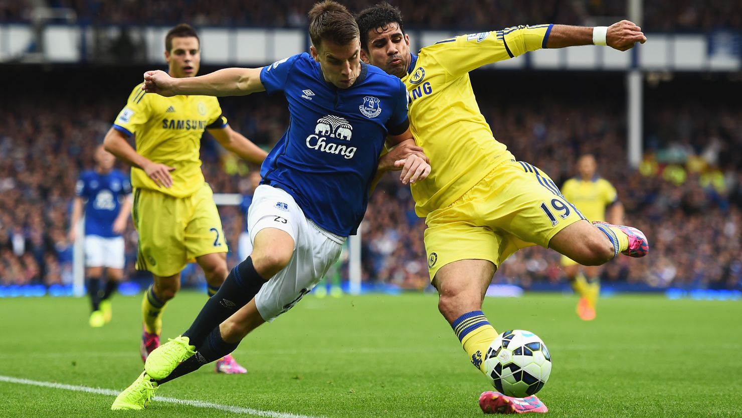 Chelsea striker Diego Costa battles with Everton's Seamus Coleman during the Premier League match at Goodison Park. 
