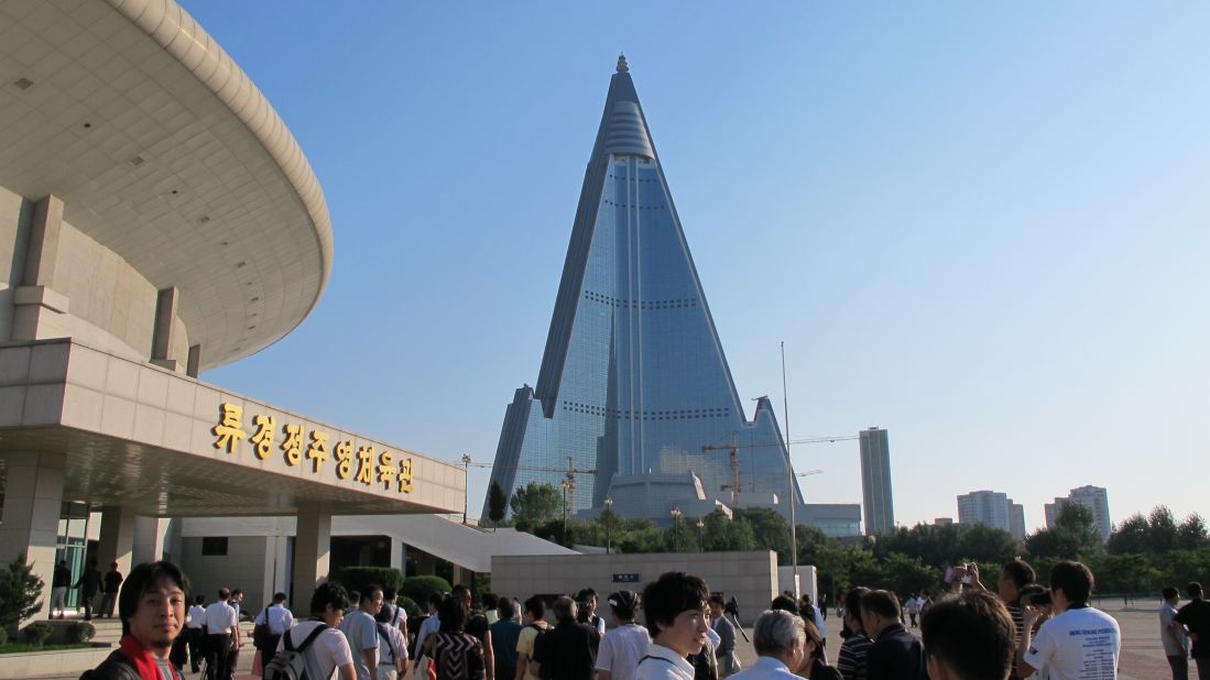 The 105 story Ryugyong Hotel sits unfinished 27 years after construction began in 1987 and was halted by the North Korea economic crisis of 1992. The exterior was completed in 2011 but the hotel has yet to open.
