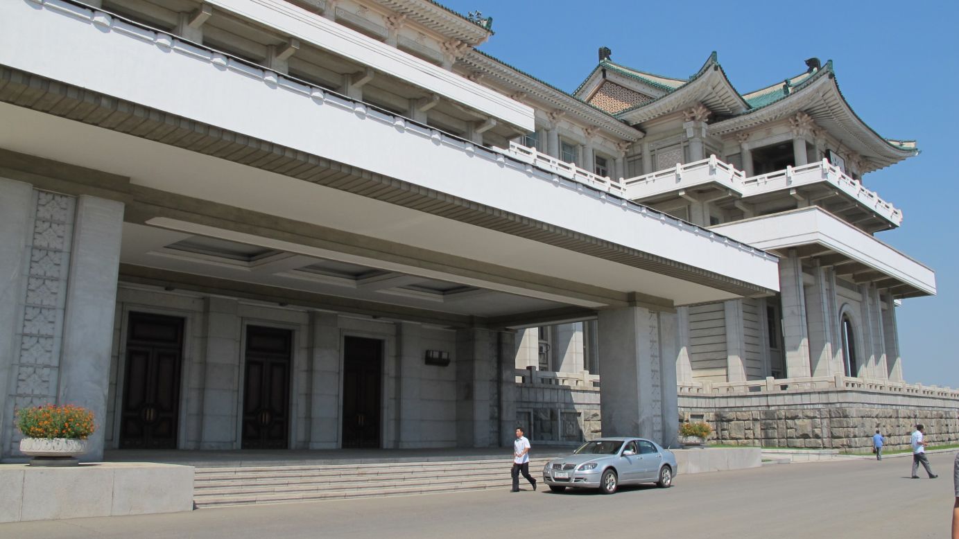 The front doors of the Grand People's Study House in Pyongyang.
