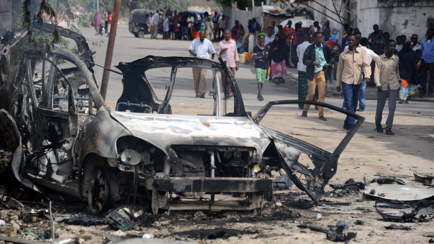 The site of a car bomb and gun attack on a prison and intelligence headquarters in Mogadishu on August 31, 2014. 