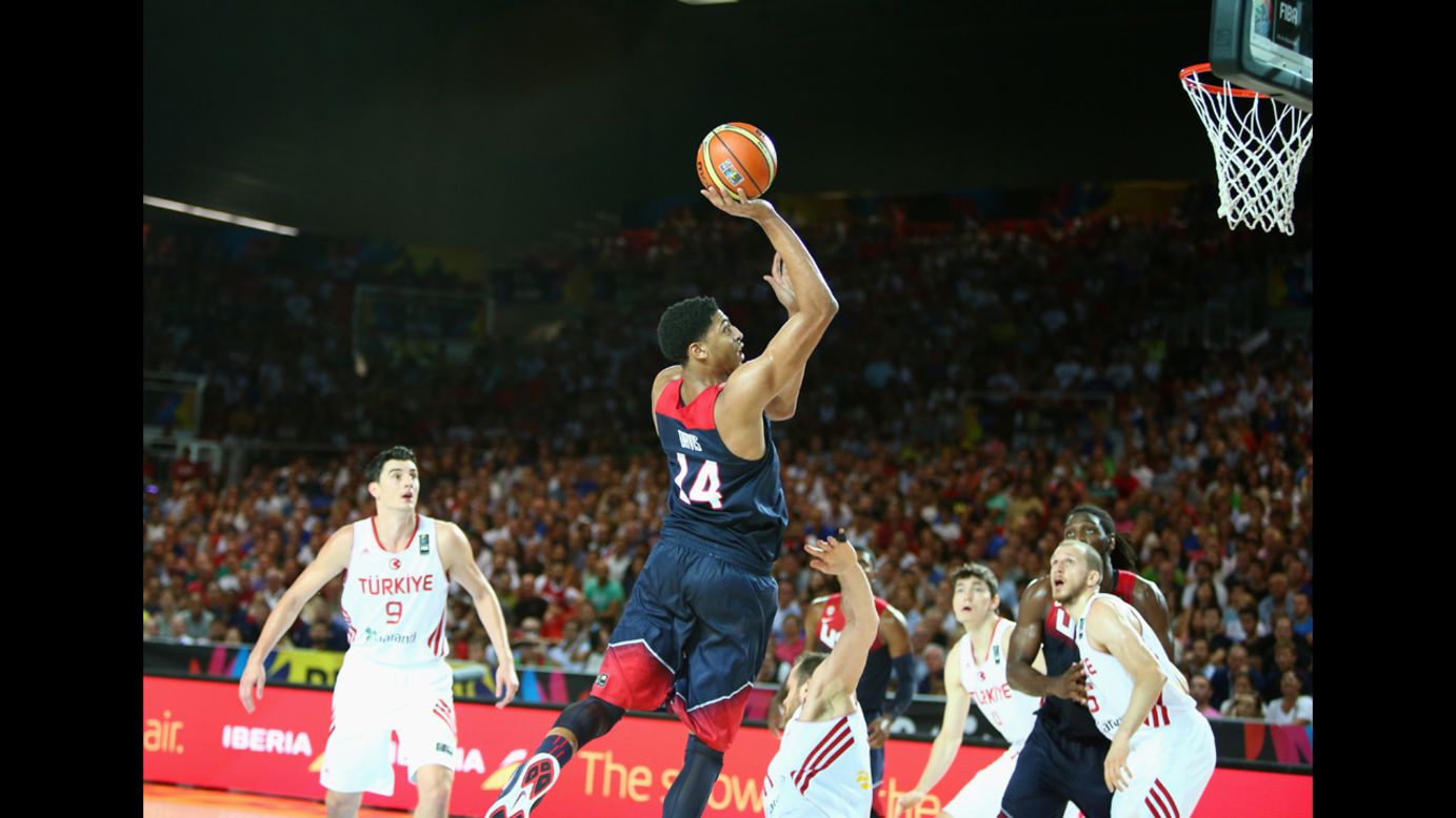 Anthony Davis of the United States takes a shot during a FIBA World Cup game against Turkey on Sunday, August 31. The tournament, which is being hosted by Spain, ends September 14.