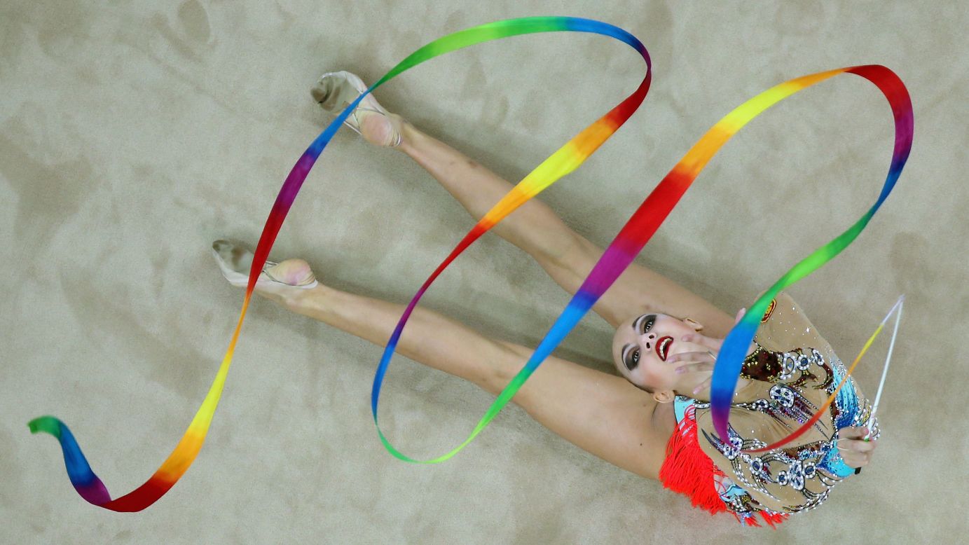 Irina Annenkova, a rhythmic gymnast from Russia, competes in the individual all-around Tuesday, August 26, at the Youth Olympic Games in Nanjing, China. She won gold in the event.