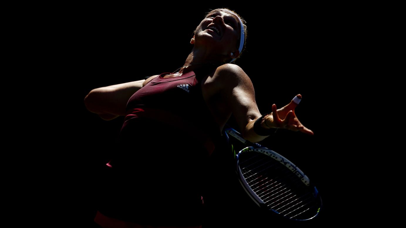 Anastasia Pavlyuchenkova serves to Nicole Gibbs during a second-round match at the U.S. Open on Thursday, August 28. Pavlyuchenkova won in three sets.