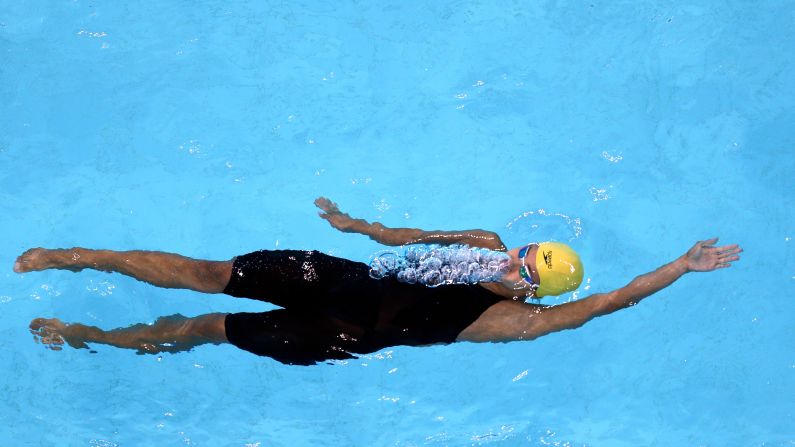 South African swimmer Kira Baptiste competes in the 200-meter backstroke on Sunday, August 31, during the FINA Swimming World Cup event in Dubai, United Arab Emirates.