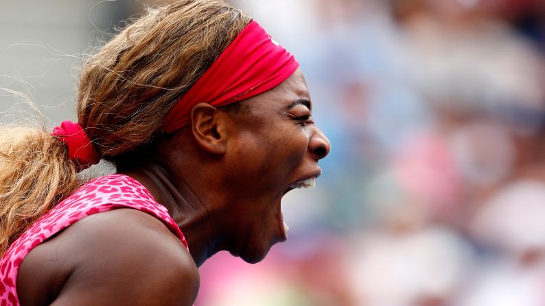 Serena Williams reacts during her U.S. Open match against Varvara Lepchenko on Saturday, August 30. Williams triumphed in straight sets as she looks to win the tournament for the third year in a row.