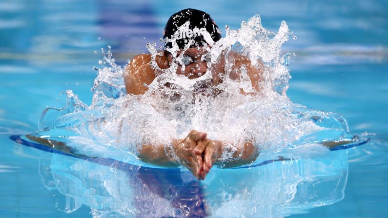 American Cody Miller races in the 50-meter breaststroke final on Sunday, August 31, during the FINA Swimming World Cup event held in Dubai, United Arab Emirates. He finished in third.