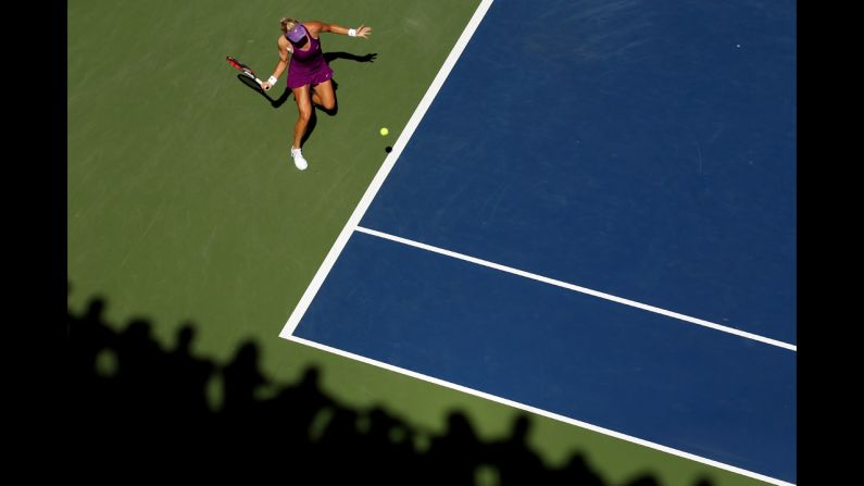 Mirjana Lucic-Baroni returns a shot during her U.S. Open match against Simona Halep on Friday, August 29. Lucic-Baroni won the match but lost in the fourth round to Sara Errani.