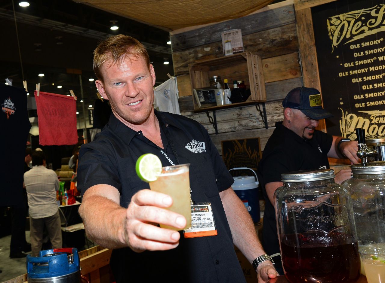 Shane McKnight served 'em up straight at the Ole Smoky Tennessee Moonshine booth at the Nightclub & Bar Convention and Trade Show in Las Vegas. Now that's our kind of bartender.