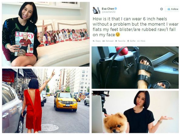 <strong>11. Eva Chen, Editor</strong><br /><a href="index.php?page=&url=http%3A%2F%2Finstagram.com%2Fevachen212" target="_blank" target="_blank"><strong>Instagram</strong></a><strong> followers:</strong> 238,922<br /><a href="index.php?page=&url=https%3A%2F%2Ftwitter.com%2Fevachen212" target="_blank" target="_blank"><strong>Twitter</strong></a><strong> followers: </strong>81,400<br /><strong>Credits:</strong> Editor in Chief of <a href="index.php?page=&url=http%3A%2F%2Fwww.luckymag.com%2F" target="_blank" target="_blank">Lucky Magazine</a><br /><strong>Posts:</strong> Red carpet selfies, fluffy dogs running riot in the office and quirky shoes. 