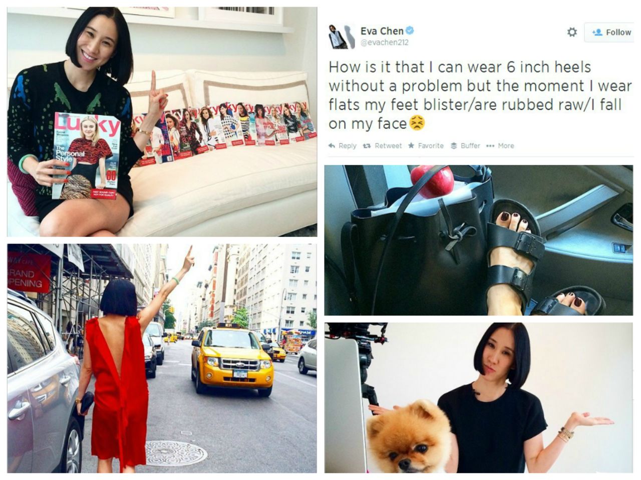 <strong>11. Eva Chen, Editor</strong><br /><a href="http://instagram.com/evachen212" target="_blank" target="_blank"><strong>Instagram</strong></a><strong> followers:</strong> 238,922<br /><a href="https://twitter.com/evachen212" target="_blank" target="_blank"><strong>Twitter</strong></a><strong> followers: </strong>81,400<br /><strong>Credits:</strong> Editor in Chief of <a href="http://www.luckymag.com/" target="_blank" target="_blank">Lucky Magazine</a><br /><strong>Posts:</strong> Red carpet selfies, fluffy dogs running riot in the office and quirky shoes. 