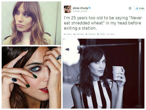 <strong>6. Alexa Chung, TV Presenter</strong><br /><a href="index.php?page=&url=http%3A%2F%2Finstagram.com%2Fchungalexa" target="_blank" target="_blank"><strong>Instagram</strong></a><strong> followers:</strong> 1,102,018<br /><a href="index.php?page=&url=https%3A%2F%2Ftwitter.com%2Falexa_chung" target="_blank" target="_blank"><strong>Twitter</strong></a><strong> followers: </strong>1,350,000<br /><strong>Credits:</strong> TV presenter, model, contributing Editor at <a href="index.php?page=&url=http%3A%2F%2Fwww.vogue.co.uk%2F" target="_blank" target="_blank">British Vogue</a><br /><strong>Posts: </strong>Doodles, celebrity friends and whimsical musings. 