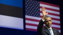 US President Barack Obama leaves after delivering a speech about US - Estonia relations, as well as the situation in Ukraine, at Nordea Concert Hall in Tallinn, Estonia, September 3, 2014.