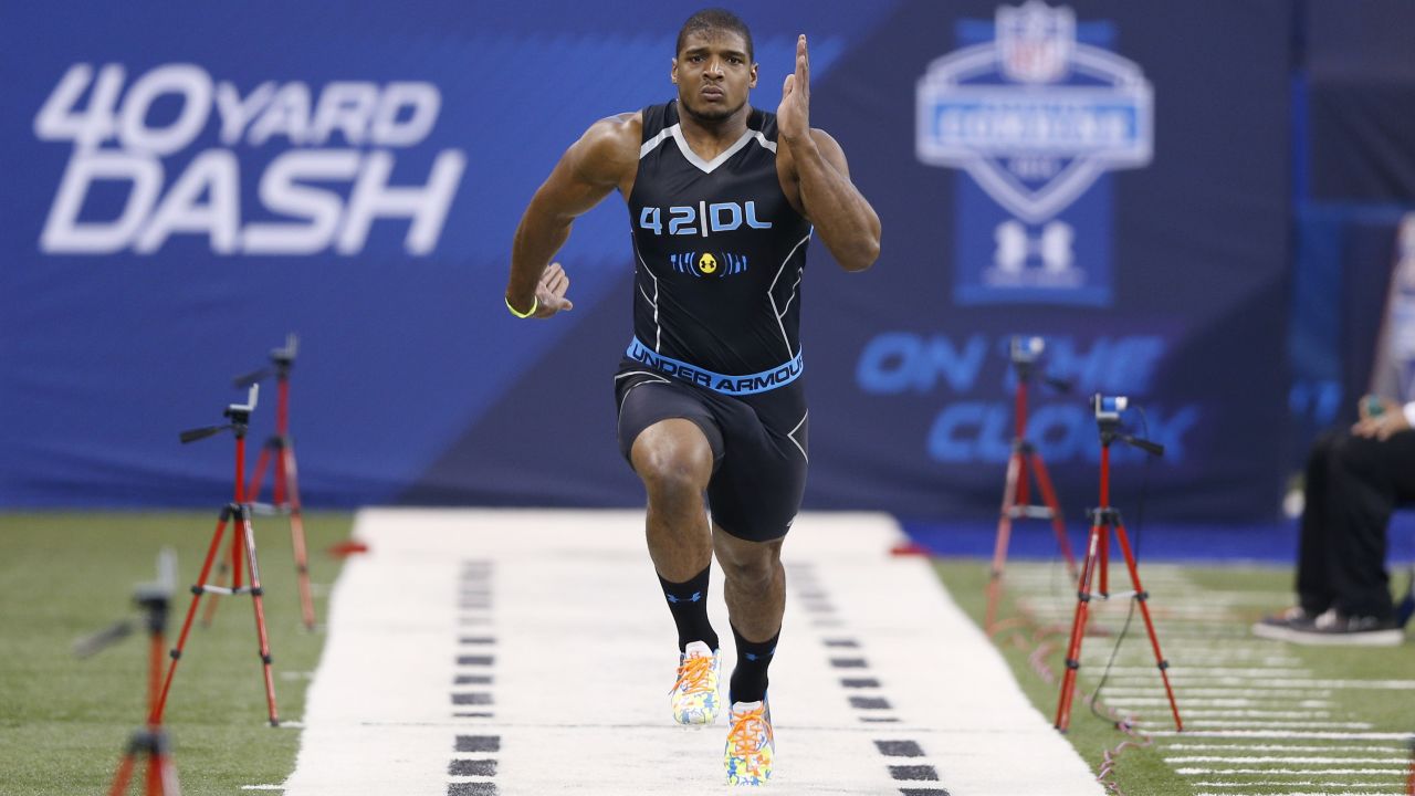 Sam runs the 40-yard dash February 2, 2014, during the NFL Scouting Combine in Indianapolis.