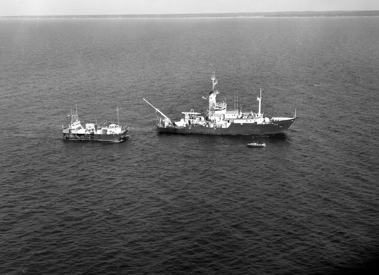 An aerial view of Alvin along with R/V Knorr and Lulu during the French-American Mid-Ocean Undersea Study -- better known as Project FAMOUS in 1974. The study was the first opportunity for a intense examination of the Mid-Atlantic Ridge, when scientists were able to confirm a theory that the seafloor was spreading.