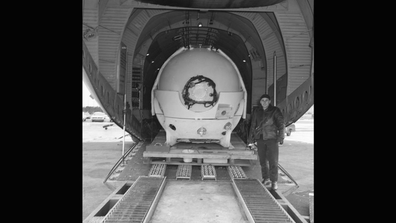 An unexploded atomic bomb was accidentally dropped in the Mediterranean sea in 1966, when an Air Force B-52 collided with a tanker plane off the coast of Palomares, Spain. Alvin is pictured being loaded onto a plane at Otis Air Base to join the hunt for the missing H-bomb, which it eventually found.