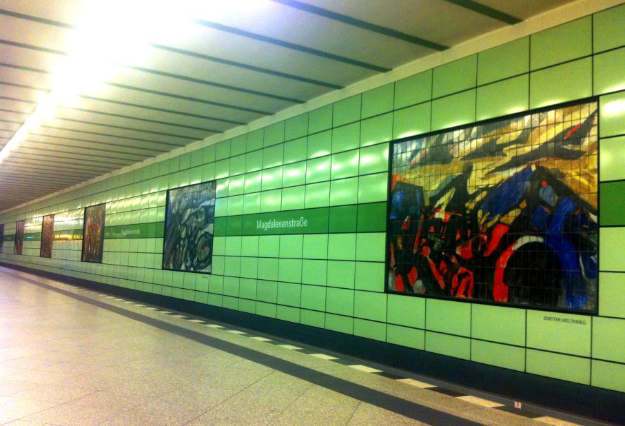 Commissioned and installed by the East German government in 1986, the works at Magdalenenstrasse U-Bahn station were painted before the fall of the wall and depict German history from the 1800s to the 1980s.
