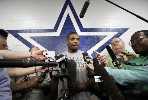 Michael Sam speaks to reporters September 3, 2014, after practicing at the Dallas Cowboys' headquarters in Irving, Texas. Sam <a href="http://www.cnn.com/2014/08/30/us/michael-sam-nfl/index.html">did not make the St. Louis Rams' final 53-man roster</a>, but he was signed by the Cowboys to be on their practice squad. He was later waived from the team.