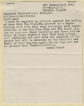 An October 1936 letter from a Brooklyn, New York, man urged Selznick not to make "a Negro-baiting film" that would encourage groups such as the Ku Klux Klan. The depiction of African-Americans and treatment of Reconstruction in the novel made the film production controversial from the beginning. Selznick wanted to remain faithful to the book, but he dropped the N-word from the movie's script as well as references to the Klan.