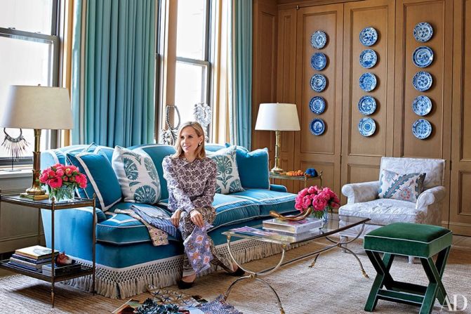 Burch perches on a cotton-velvet sofa in her office's sitting area. <a href="http://www.architecturaldigest.com/decor/2014-09/tory-burch-manhattan-office-slideshow?mbid=synd_cnn" target="_blank" target="_blank">See more photos on ArchDigest.com</a>