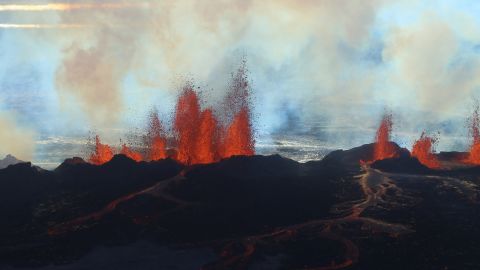 Fountains of lava spurt from a fissure in the ground on the north side of the Bardarbunga volcano in Iceland in September 2014.