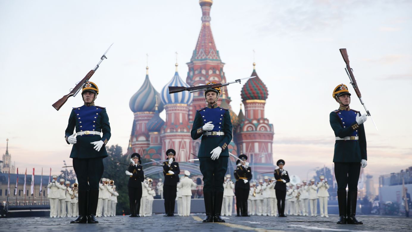 Members of the Guard of Honor of the Presidential Regiment from Russia perform in Moscow's Red Square on Saturday, August 30. It was the first day of the International Military Music Festival.