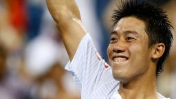 Kei Nishikori of Japan celebrates at match point against Milos Raonic of Canada on Day Eight of the 2014 US Open at the USTA Billie Jean King National Tennis Center on September 1, 2014 in the Flushing neighborhood of the Queens borough of New York City. (Photo by Julian Finney/Getty Images