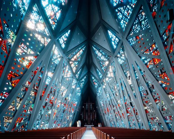 Grand interiors flooded with light - these churches impress with their huge vaulted ceilings and modernist approach. The First Presbyterian Church, otherwise known as the "Fish Church", is pictured in Stamford, Connecticut. Architect: Wallace K. Harrison.