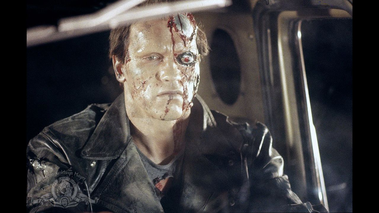 Arnold Schwarzenegger plays a cyborg assassin in "The Terminator." The movie centers around an artificial intelligence defense network called Skynet that seeks to destroy mankind. 