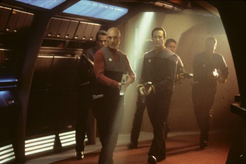 The storyline of "Star Trek: First Contact" involves a battle between the Federation and the Borg, a collective of cybernetic beings. Patrick Stewart reprises his role as Captain Jean-Luc Picard leading the humans. 